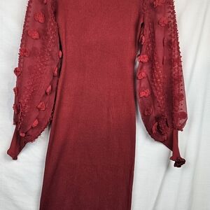 Almost Famous Red Knitted Dress Mesh 3D Floral Sleeves M Holiday Christmas Party